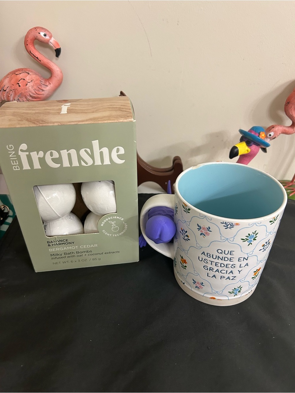 Floral Ceramic Mug with Blue Interior - Spanish Blessing and Bath bombs.